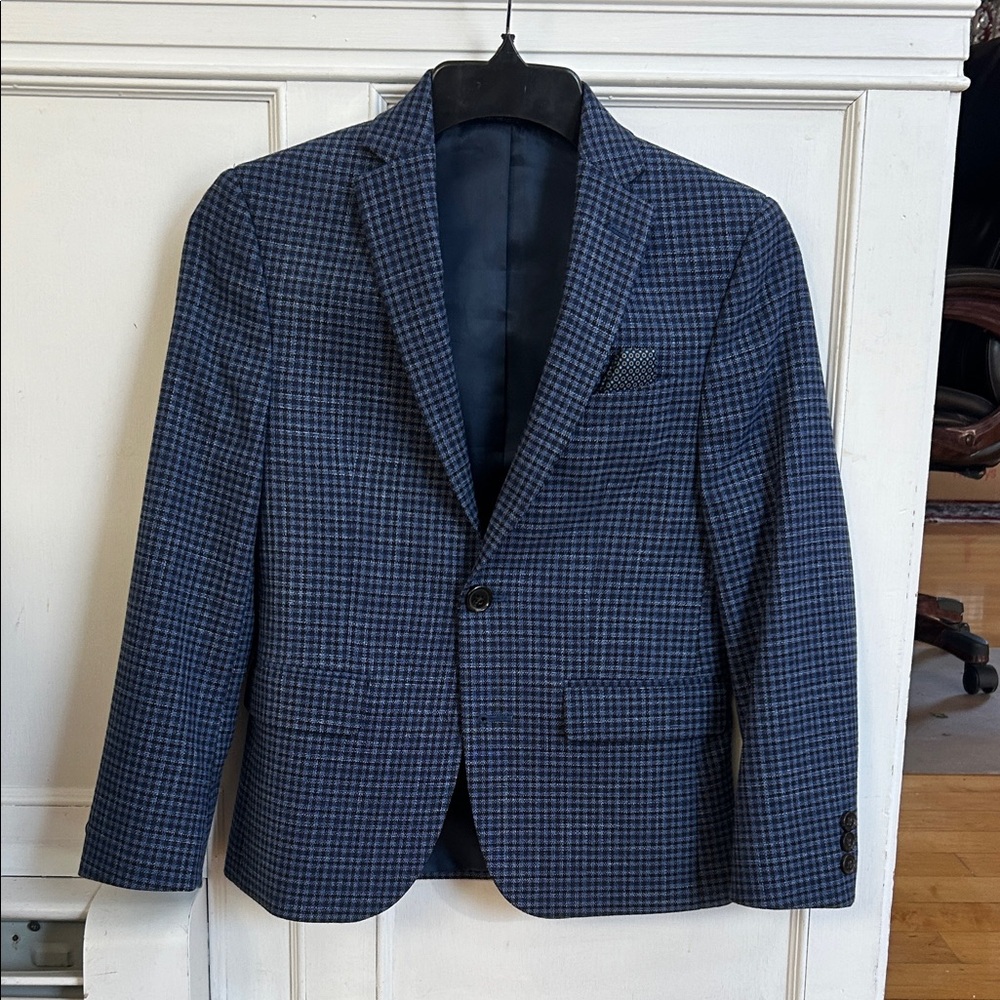 Boys Ralph Lauren Blue Houndstooth Blazer With Pocket Square